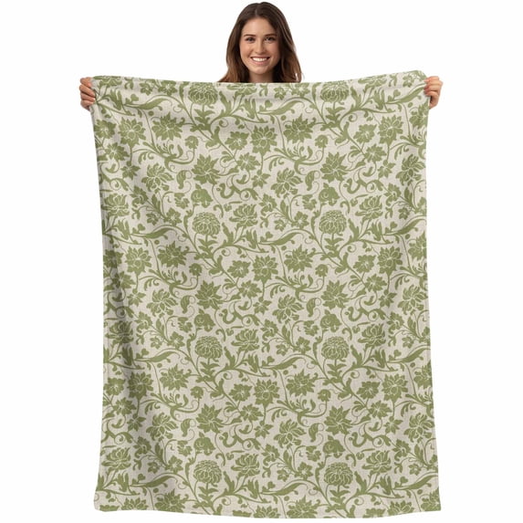 Green Floral Blanket Soft Cozy Warm Throw Blanket for Couch, Plush Fuzzy Flannel Fleece Blankets for Sofa, Vintage Rustic Botanical Spring Bed Blankets Lightweight Gifts for Women, 40"x50"