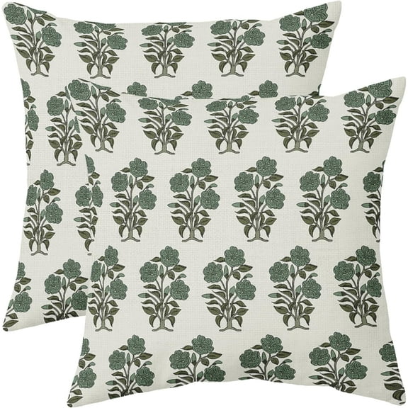 Green Floral Block Print Pillow Covers 20x20 Set of 2 Chinoiserie Flower Leaves Outdoor Decorative Throw Pillows Farmhouse Pillowcases Linen Cushion Case Decor for Home Sofa Couch Bed