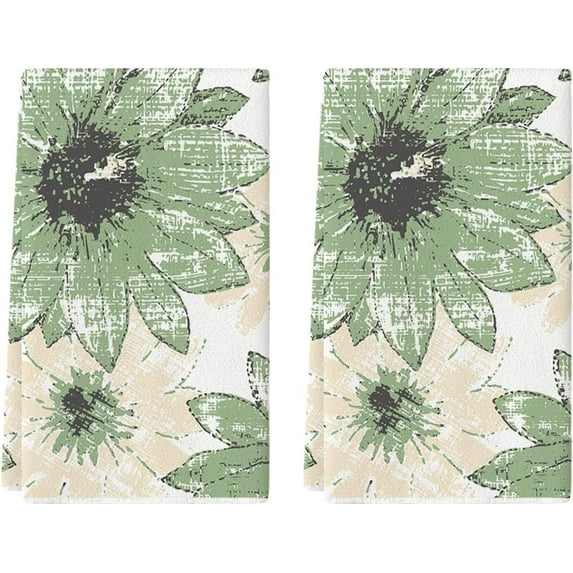 Green Floral Boho Kitchen Towels Dish Towels, 18x26 Inch Seasonal Spring Summer Decoration Hand Towels Set of 2