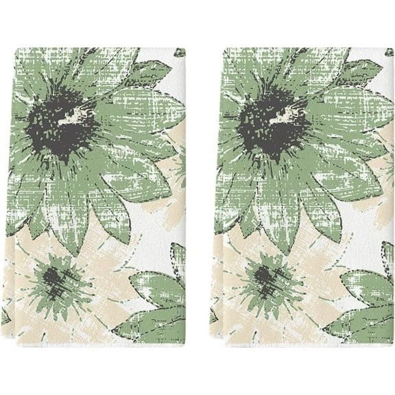 Green Floral Boho Kitchen Towels Dish Towels, 18x26 Inch Seasonal Spring Summer Decoration Hand Towels Set of 2
