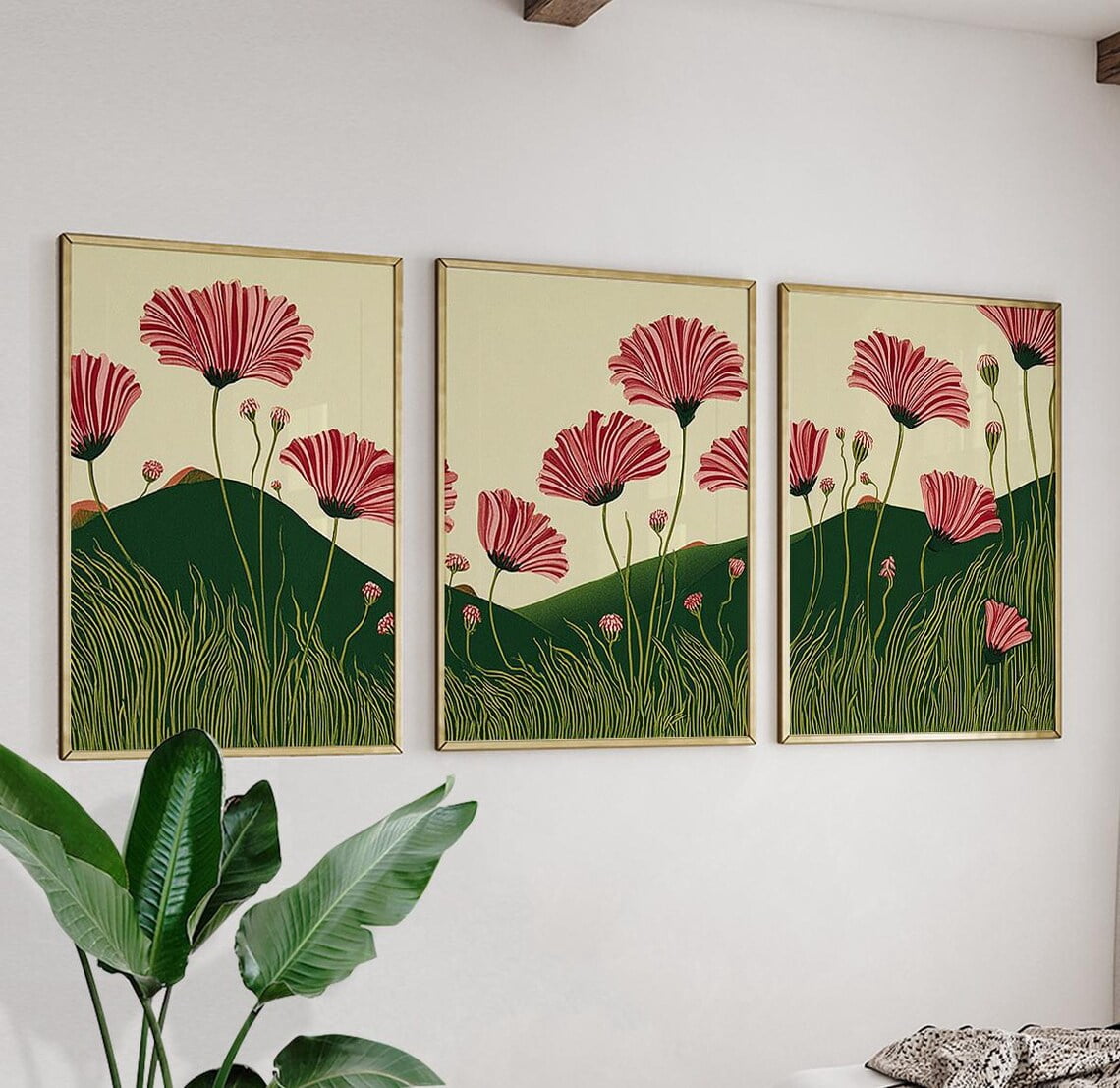 Green Floral Botanical Pink Flower Landscape Wall Art Set 3 Unframed ...