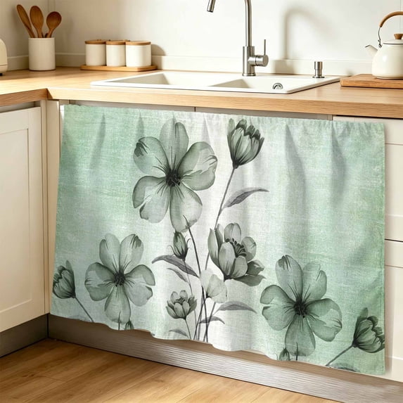 Green Floral Cabinet Curtain 32"Wx55"L,Dustproof Pantry Door Curtain W/ Self Adhesive Tape,Country Rustic Ombre Painting Art Watercolor Tall Storage Cover Privacy Drape for Bathroom Kitchen