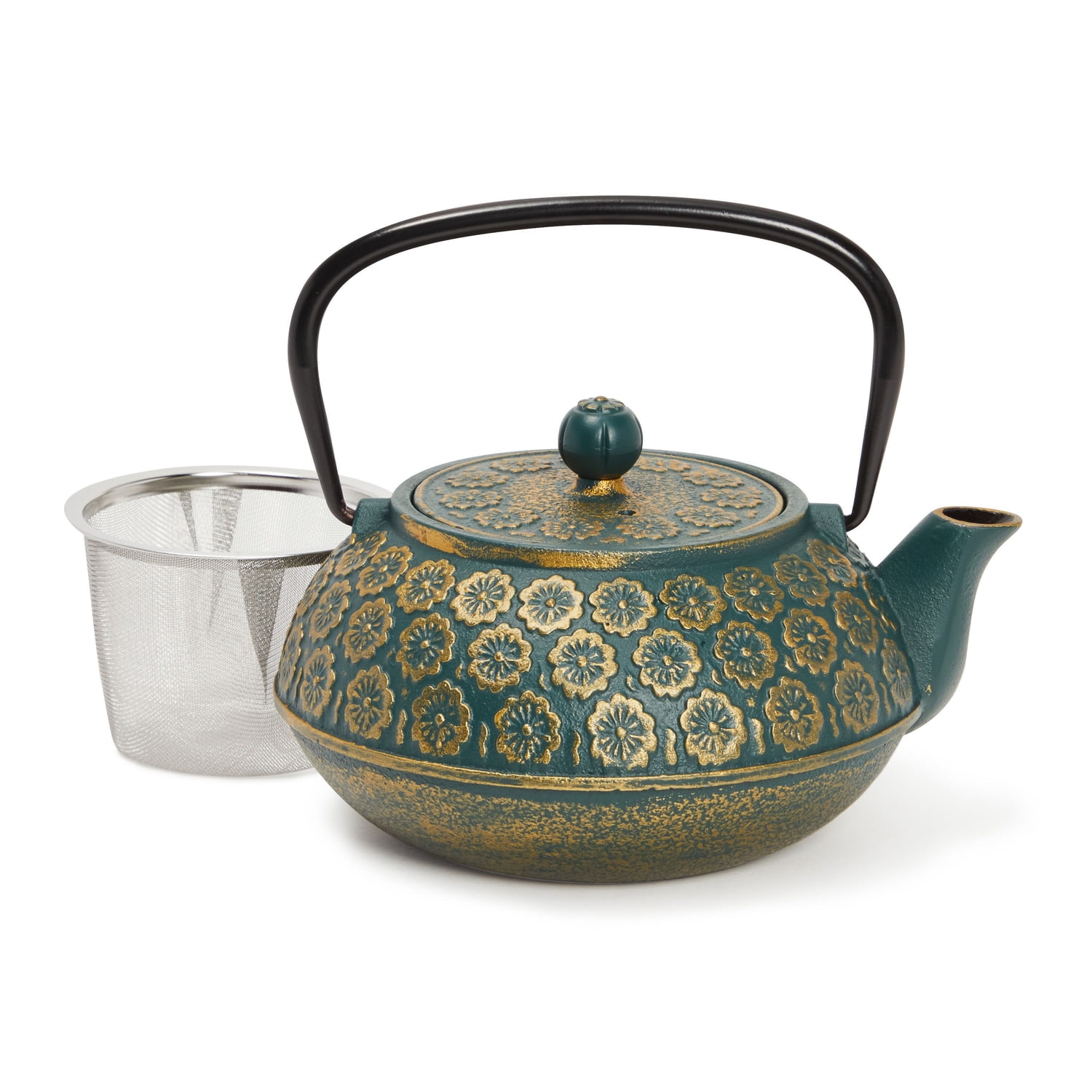 Green Floral Cast Iron Teapot Kettle with Stainless Steel Loose Leaf Infuser (34 oz) - Walmart.com