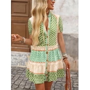 Green Floral & Chevron Patchwork Tiered Mini Shirt Dress With Ruffle Hem And Button Front