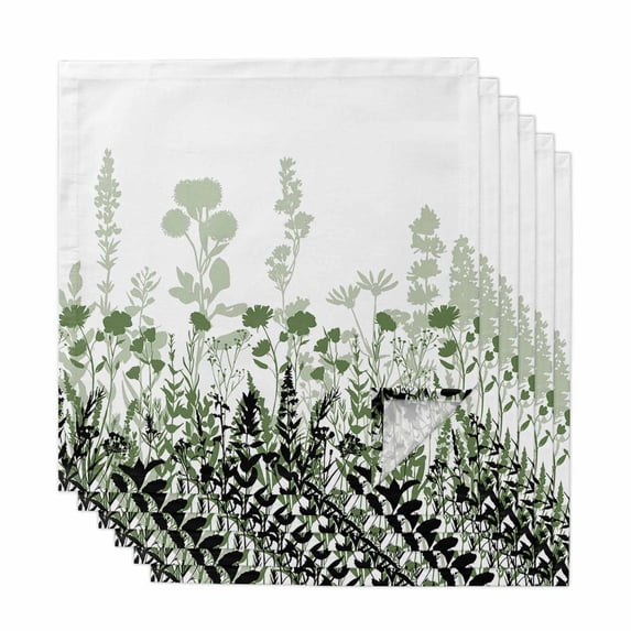Green Floral Cloth Napkins, Spring Flowers Herb Silhouette Farmhouse Washable and Reusable Dinner Napkins Set of 6, Table Napkin for Kitchen Party Birthday Wedding Hotel Housewarming 20"x20"