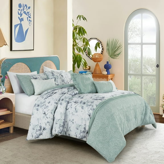 Green Floral Comforter Set King Size - 7-Pieces Vero Floral Bedding Set