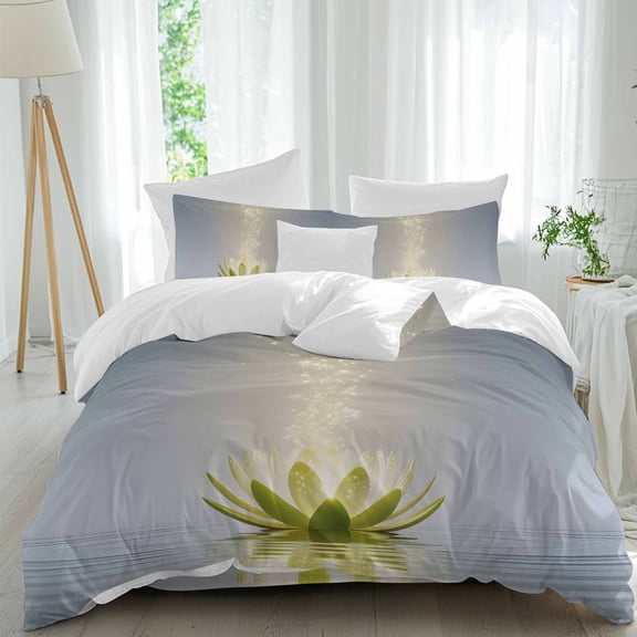 Green Floral Comforter Set Twin Size, Modern Zen Lotus Flower Spiritual Blossom in Water Soft Bedding Set for Man Woman, 4 Pieces Duvet Cover Set with Fitted Sheet, 2 Pillowcases