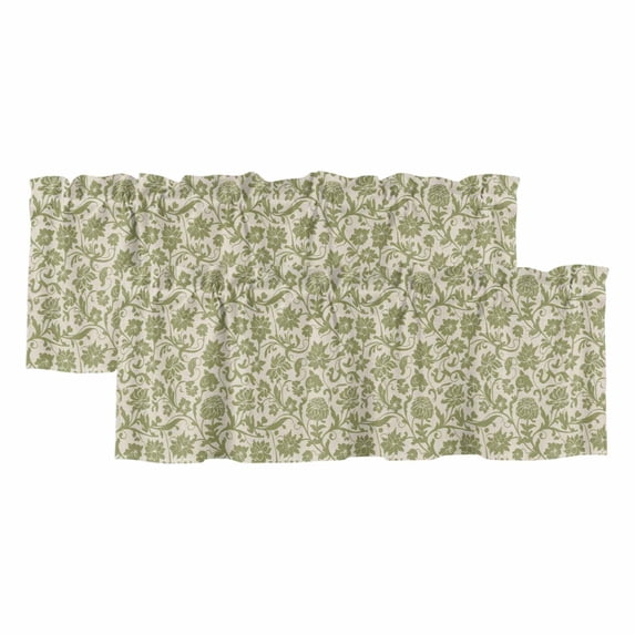 Green Floral Curtain Valances for Windows, Kitchen Valance Window Treatments Panel 2 Pack, Vintage Rustic Botanical Spring Rod Pocket Short Curtains for Bathroom Bedroom 42 x 18 Inch