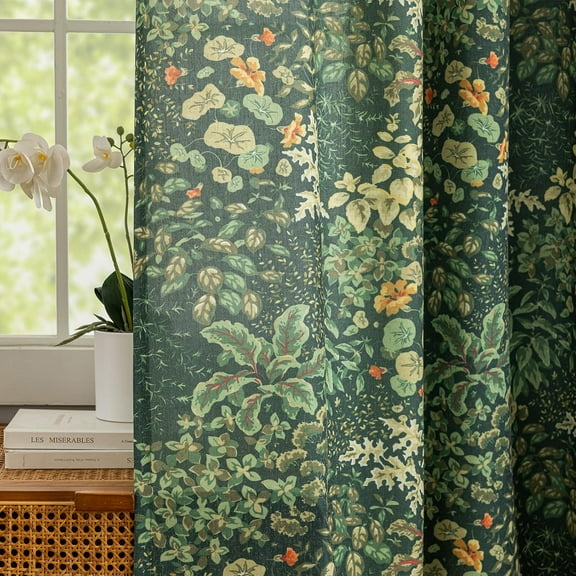 Green Floral Curtains 80 Inches Long 2 Panels Vintage Cottagecore Botanical Curtains for Living Room, Grommet Privacy Semi-Sheer Linen Drapes Green Leaf Pattern French Country Curtain, 50 x 80 Inch