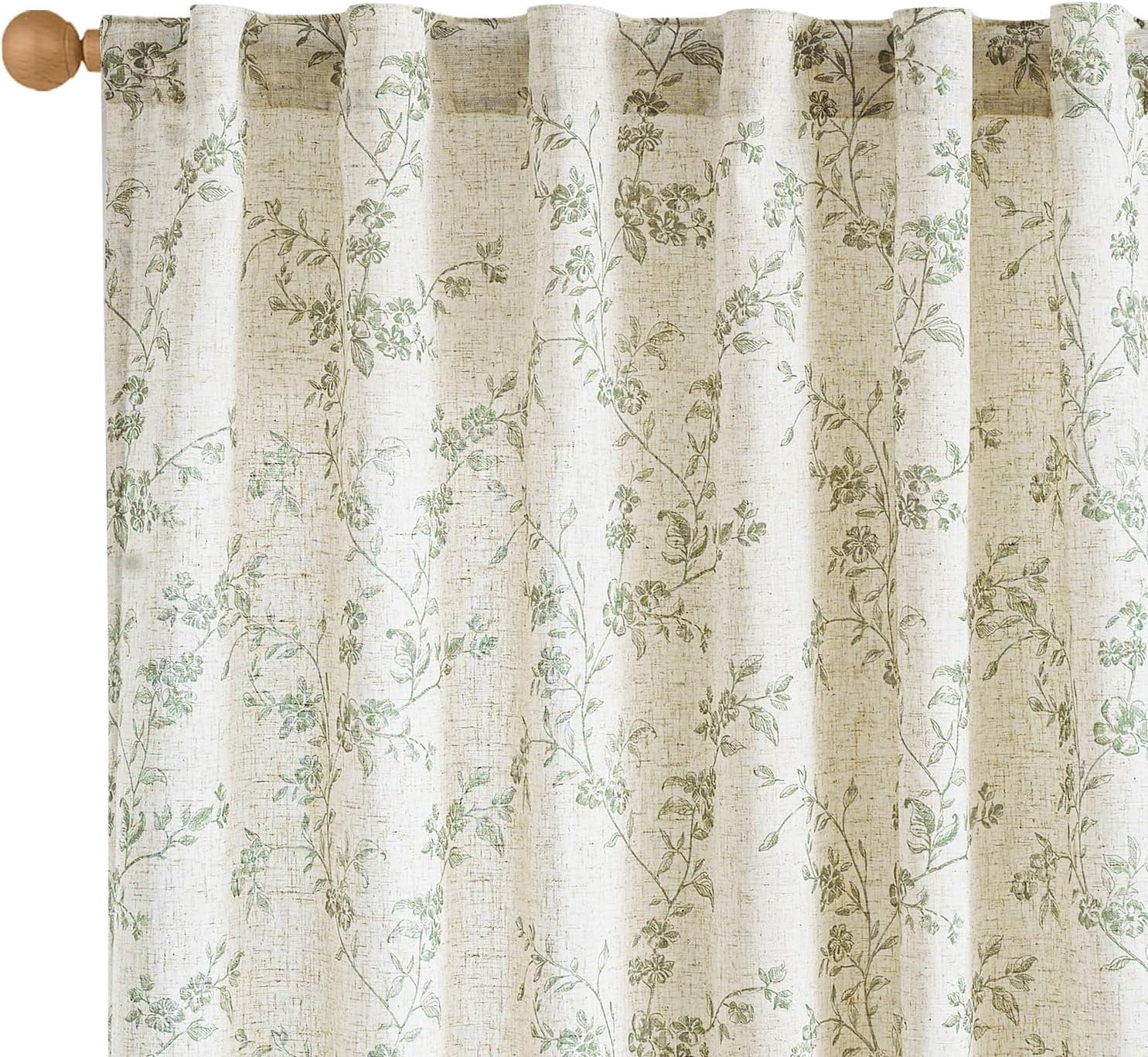 Green Floral Curtains 84 Inch Length Linen Farmhouse Curtain Back Tab ...