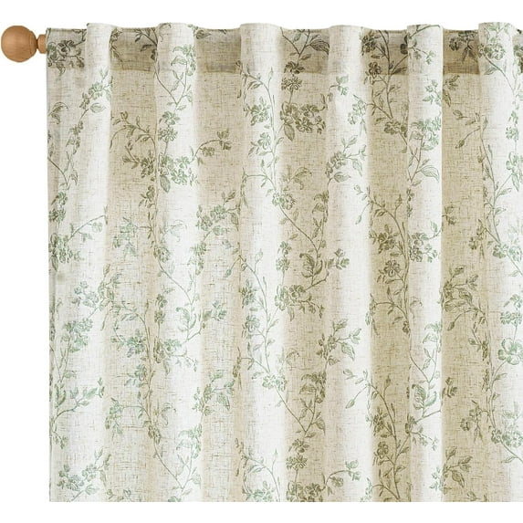Green Floral Curtains 84 Inch Length Linen Farmhouse Curtain Back Tab Drapes for Living Room Bedroom Light Filtering Vintage Rod Pocket Curtains, 2 Panels, Green on Beige