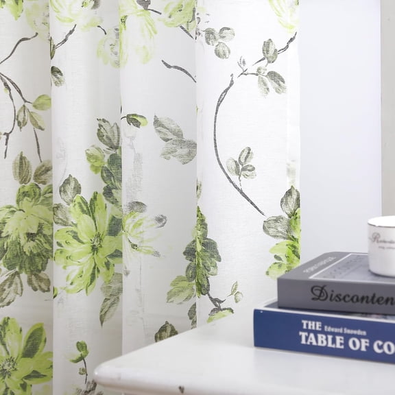 Green Floral Curtains 84 Inches Long 2 Panels White Slub Textured Fabric Flower Sheer Curtains for Living Room Rod Pocket Light Filtering Window Drapes for Spring Summer Bedroom Decor Office, 52x84