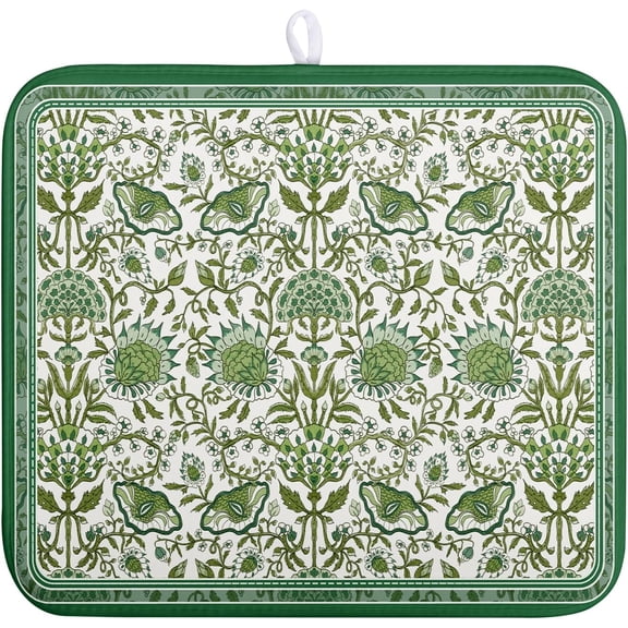 Green Floral Dish Drying Mat for Kitchen Counter 16x18 Inch Spring Summer Flowers Drying Mats Microfiber Absorbent Dish Drainer Pad Reusable Washable Dish Draining Mat for Coffee Bar Sink