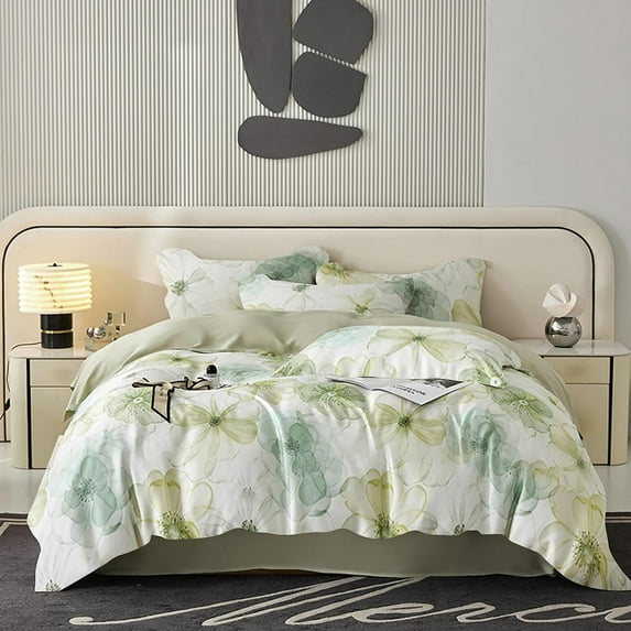 Green Floral Duvet Cover Garden Floral Bedding Set with Zipper King Size