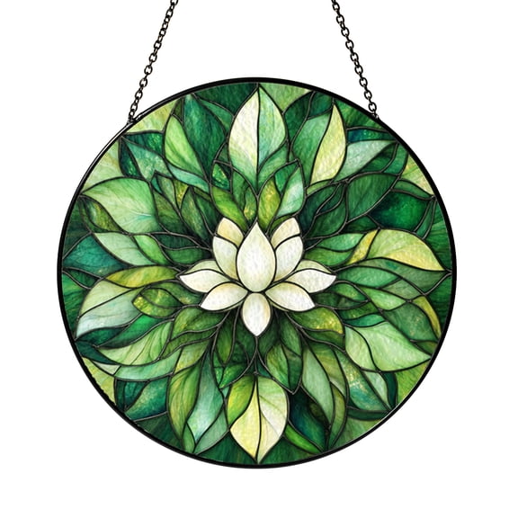 Green Floral Elements Stained Glass Style Suncatcher, Botanical Window Hanging Decor for Garden and Nature Inspired Homes