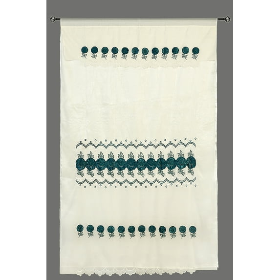 Green Floral Embroidery Satin Sheer Layer Panel Window Treatment Curtain 60x90 (1)