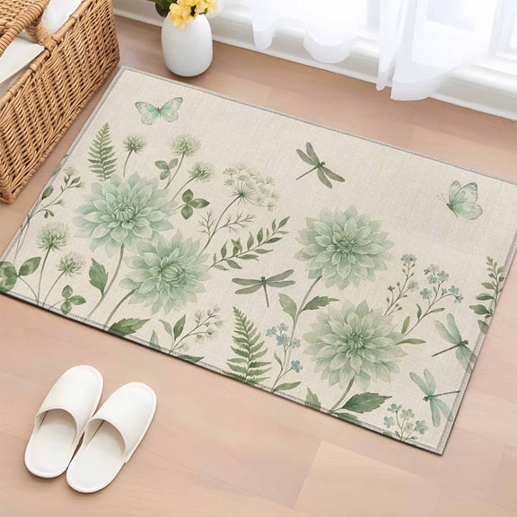 Green Floral Entryway Rug 2'x3' Summer Spring Green Dragonfly Butterfly Linen Texture Small Area Rug Non-Slip Front Door Mat Washable Floor Carpet for Indoor Entrance Kitchen Bathroom