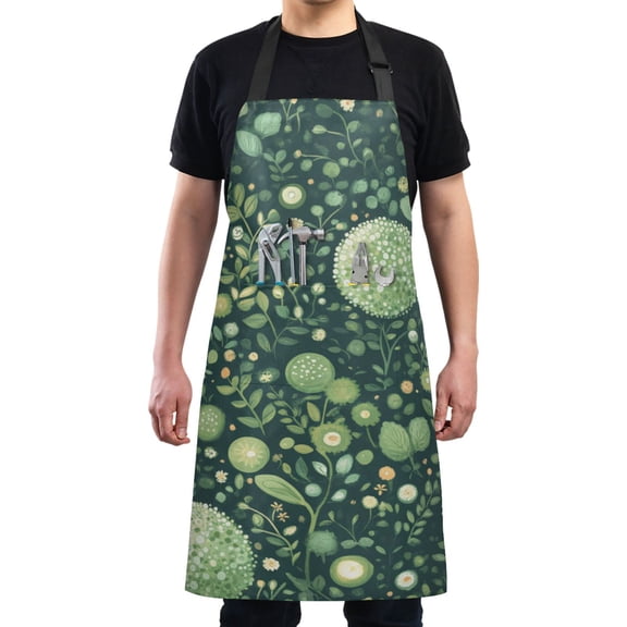 Green Floral Fabric Chef Kitchen Apron with Pockets for Women Waterproof Aprons for Cooking Baking