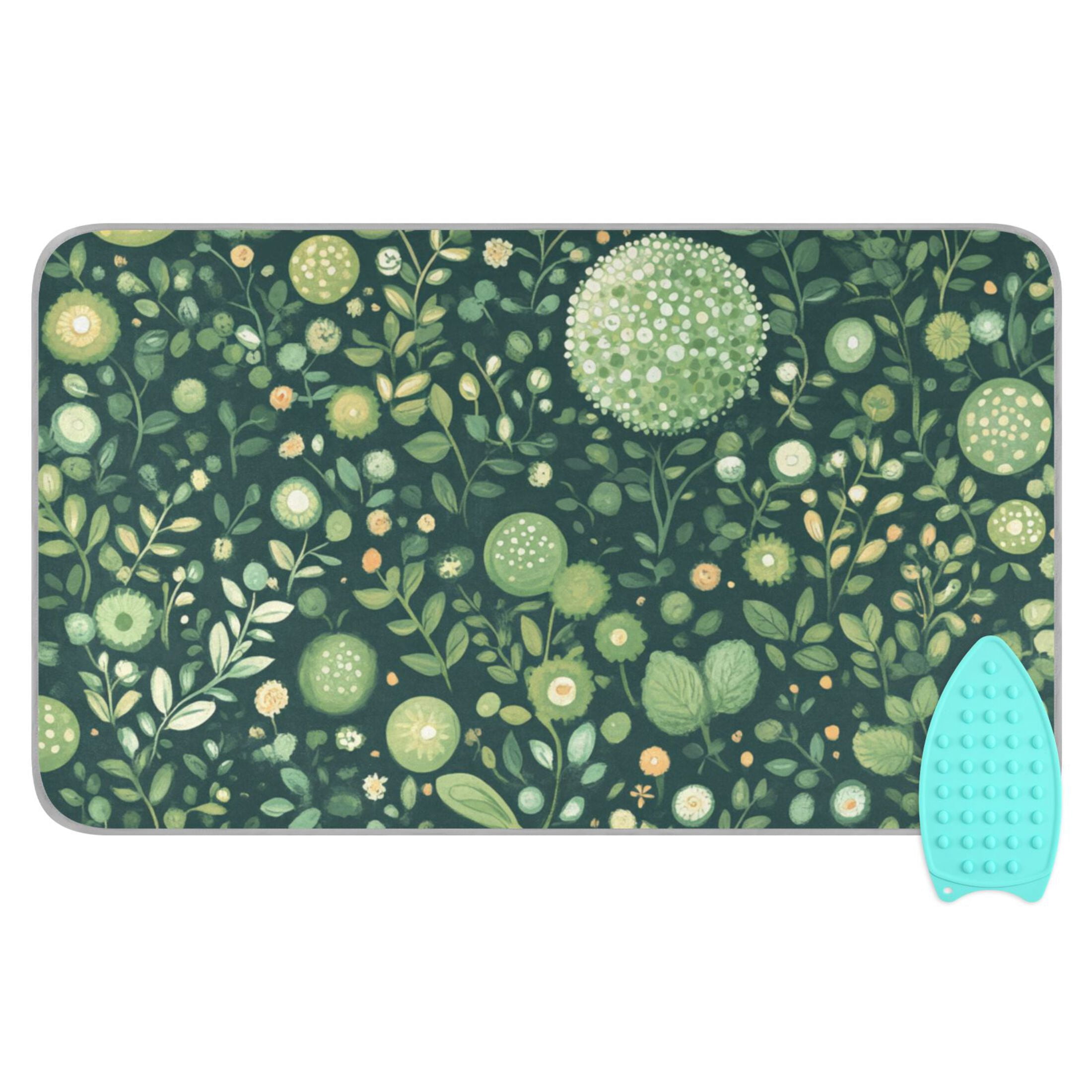 Green Floral Fabric Ironing Mat Blanket for Table Top Travel Portable Ironing Board Pad 47.2x27.6 Inch