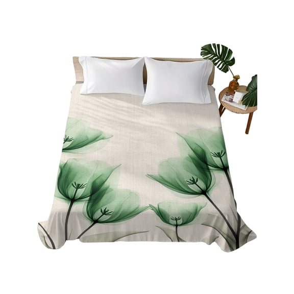 Green Floral Flat Sheet Only Twin Size, Soft Breathable Bed Top Sheets for Mattress, Elegant Tulip Vintage Wildflower Plant Luxury Bedding Flat Sheets for Home Hotel Bedroom Bed Protection