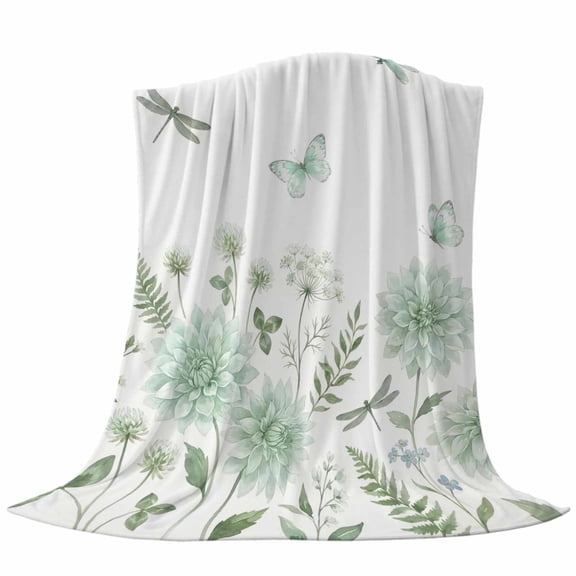Green Floral Fleece Throw Blanket Lightweight Summer Spring Green Dragonfly Butterfly Fuzzy Flannel Throws Super Soft Cozy Flannel Blanket for Couch, Sofa, Bed, Travel 50"x60"