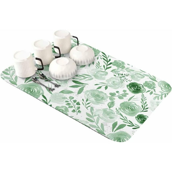 Green Floral Flower Dish Drying Mat for Kitchen Counter, Super Absorbent Quick Dry Coffee Bar Mat Pad Thin Diatomaceous Sink Mat Non Slip Dish Drainer Mat 23.5x15.5 Botanical Blossom Plant Leaf Herb