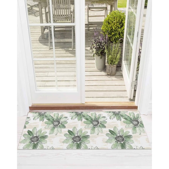 Green Floral Front Door Mat Vintage Flowers Welcome Doormat Indoor Outdoor Entrance Floor Mat Non-Slip Washable Runner Rug for Front Porch Decor 18x60 Inch
