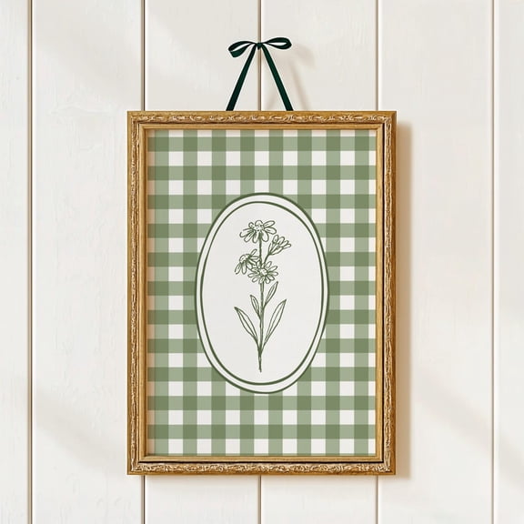 Green Floral Gingham Print Farmhouse Cottagecore Wall Art Decor Unframed Paper Print