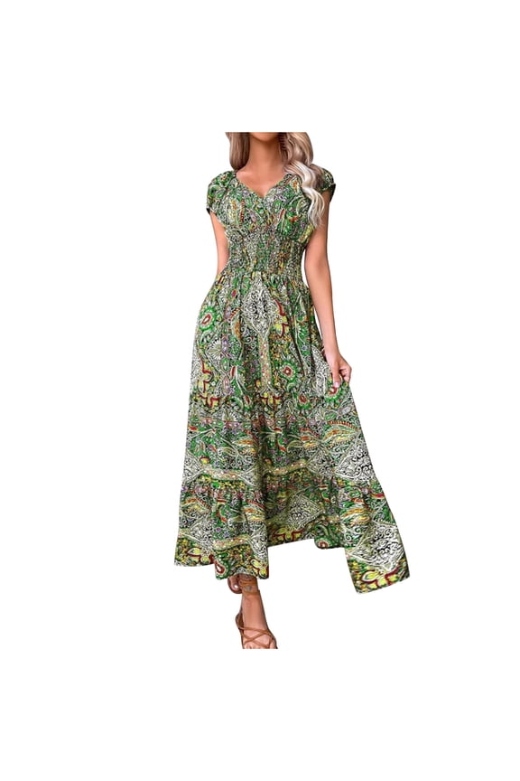 Green Floral Graphic Long Slimming Tunic Bodycon Dresses for Teen Girls Fall Summer Spaghetti Strap V Neck Midi Going Out Boho Dresses Womens 2026 Clothing M