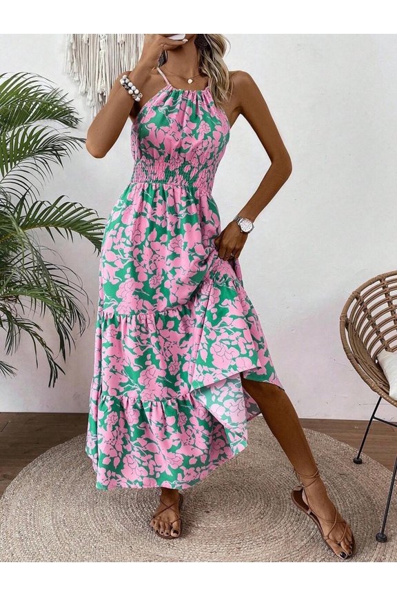 Green Floral Halter Maxi Dress With Smocked Bust And Tiered Ruffle Skirt