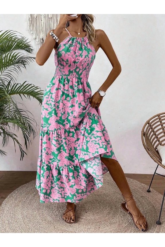 Green Floral Halter Maxi Dress With Smocked Bust And Tiered Ruffle Skirt