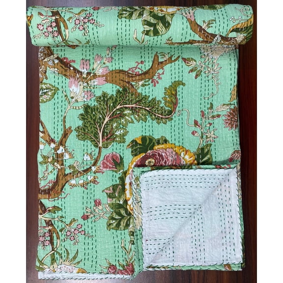 Green Floral Handmade Kantha Quilt â€“ Soft Cotton Bedcover from India with Beautiful Flower Print and Hand Stitched Design