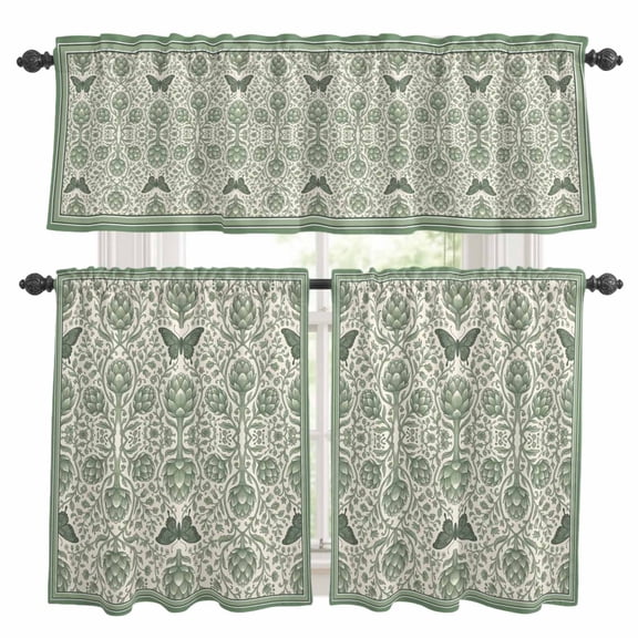 Green Floral Kitchen Curtains Set for Windows, Retro Boho Victorian Green Flower Butterfly Texture Curtains Valance and Tier 3 Piece Set Small Drapes 36 Inch Length for Kitchen Bedroom Decor