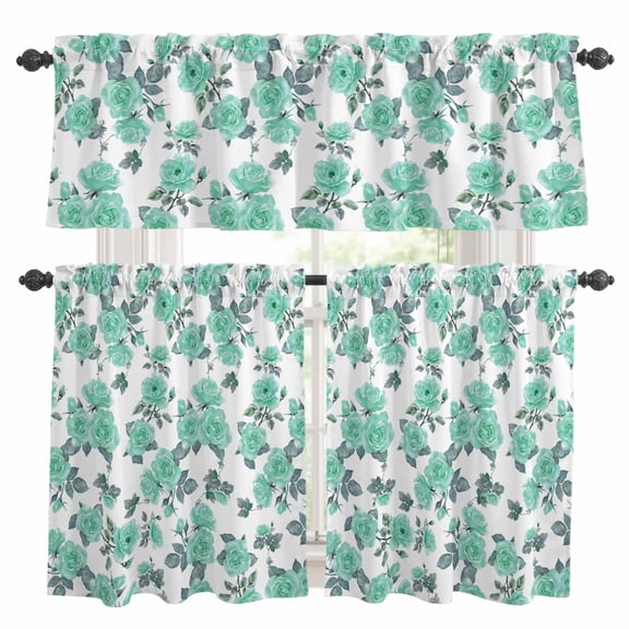 Green Floral Kitchen Curtains Sets for Windows 24 Inch Length, Farmhouse Garden Flowers Botanical Rod Pocket Window Treatments Tier Curtains and Valances Set for Bedroom/Bathroom