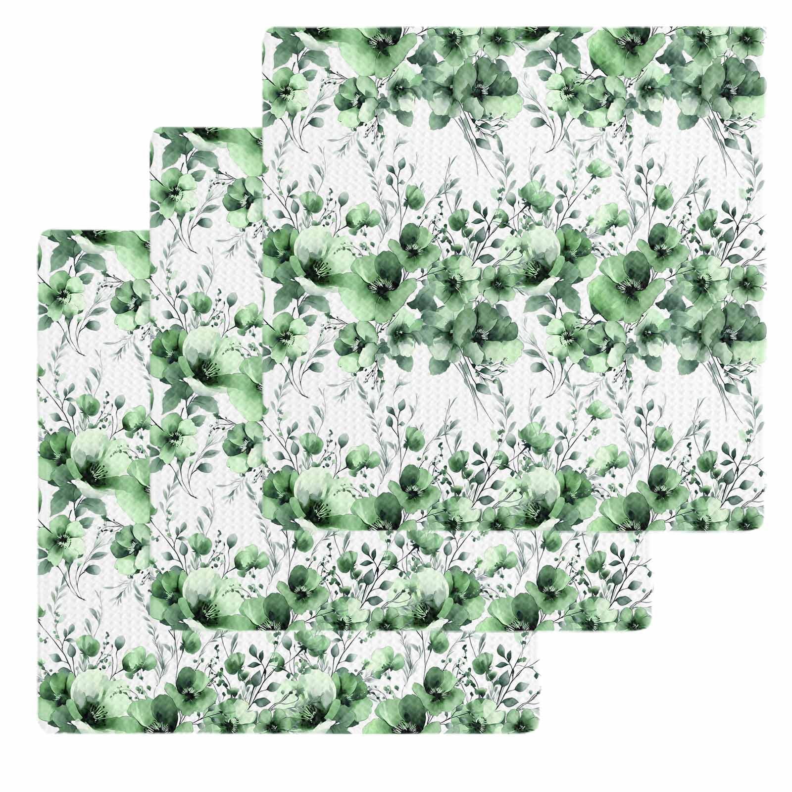 Green Floral Kitchen Dish Towels for Drying Dishes Set of 3, Vintage Farmhouse Garden Flower Leaves Waffle Weave Microfiber Hand Tea Bathroom Towels Quick Dry & Absorbent Towel 12x12