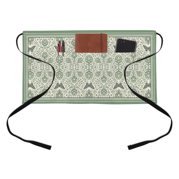 Green Floral Kitchen Restaurant Half Waist Apron, Retro Boho Victorian Green Flower Butterfly Texture Server Short Apron with 3 Pockets Waterproof Oil Waist Aprons for Women Waitress Waiter