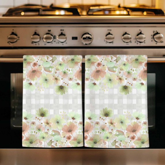 Green Floral Kitchen Towels Set of 1, Spring Flowers Botanical Gray and White Plaid Absorbent Dish Towels for Kitchen, Microfiber Hand Towel, Quick Drying Tea Towel for Cleaning Decorative Dishcloths