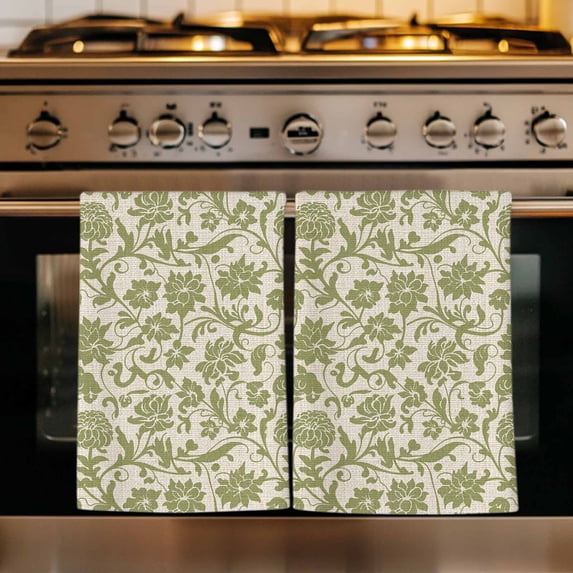 Green Floral Kitchen Towels Set of 1, Vintage Rustic Botanical Spring Absorbent Dish Towels for Kitchen, Microfiber Hand Towel, Quick Drying Tea Towel for Cleaning Decorative Dishcloths