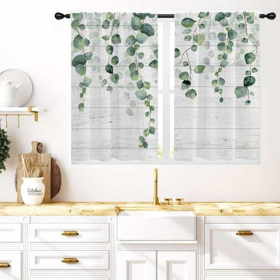 Green Floral Kitchen Window Curtains 27.5 x 39 Inch Small Short Mini Cafe Rod Pocket Sage White Eucalyptus Botanical Leaf Living Bedroom Room Home Treatment Set of 2 Curtain Panels Drapes Tiers