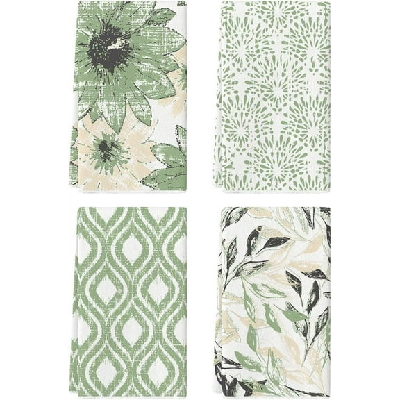 Green Floral Leaves Boho Kitchen Towels Dish Towels, 18x26 Inch Seasonal Spring Summer Decoration Hand Towels Set of 4