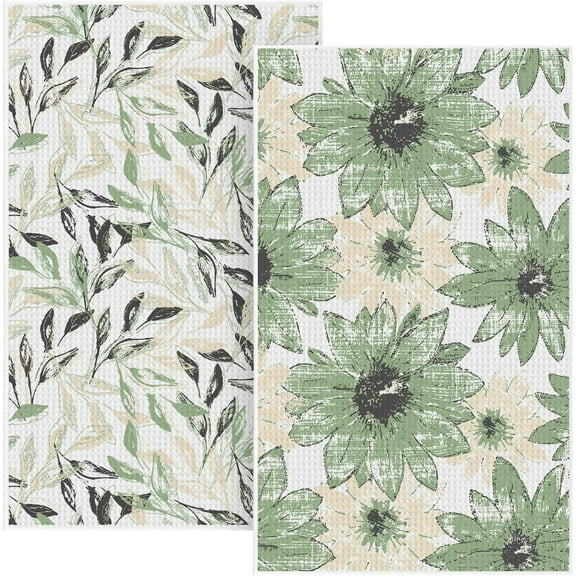 Green Floral Leaves Boho Kitchen Towels Tea Towels, 18x30 Inch Oversize Quick Dry Microfiber Cloth Dish Towels for Kitchen Drying Set of 2