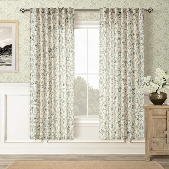 Greyish Green Floral Linen Curtains 72 inch 2 Panels, Semi Sheer Boho Cottage Core Back Tab Drapes for Living Room Bedroom