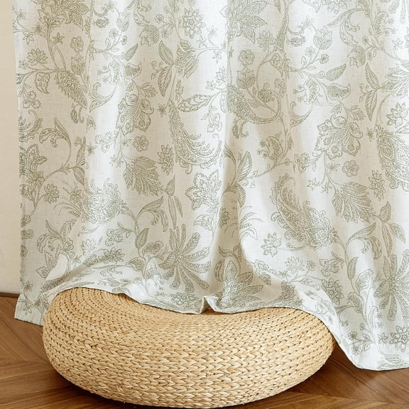 Green Floral Linen Sheer Curtains for Living Room, 84 inches Country Boho Style Flower Patterned Printed Back Tab Window Curtains & Drapes for Farmhouse Bedroom, Sage Green, 2 Panels