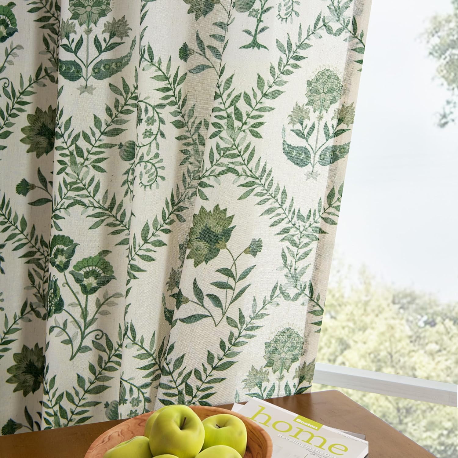 Green Floral Linen Spring Curtains for Living Dining Room Olive Plant Flower Patterned Printed Back Tab Semi Sheer Farmhouse French Country Drape