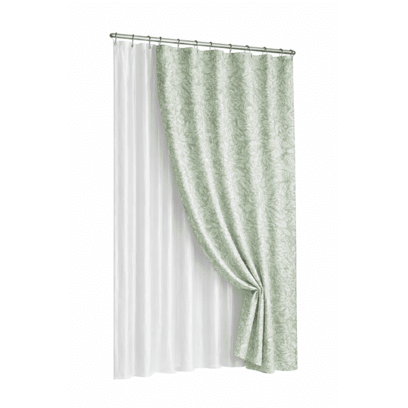 Green Floral Matelasse Shower Curtain + Clear Heavy Weight Liner