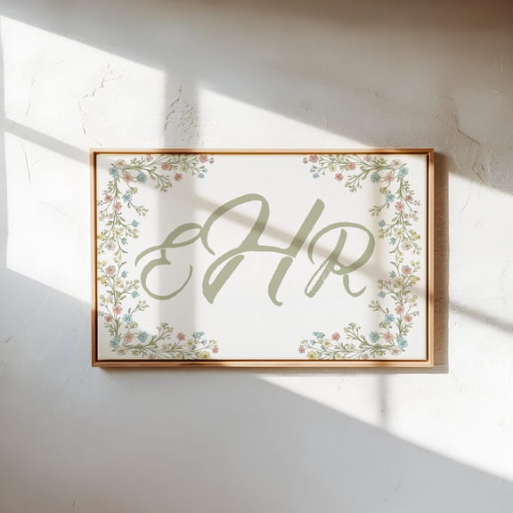 Green Floral Monogram Poster, Personalized Family Name Wall Art