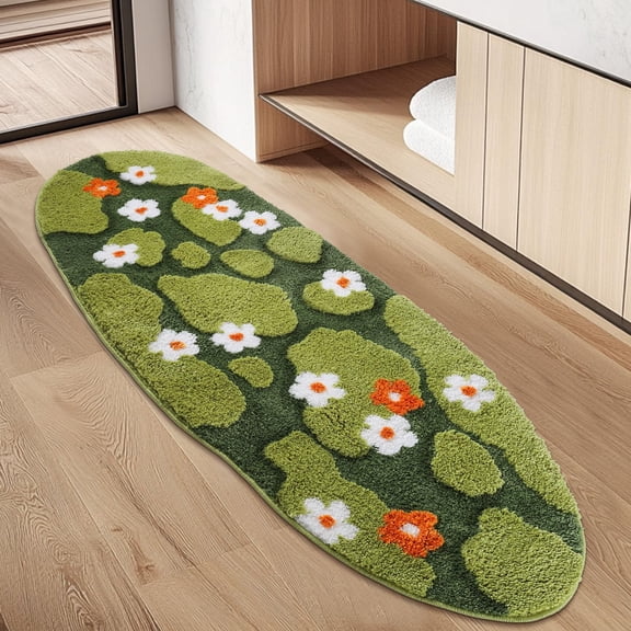 Green Floral Moss Bathroom Rug Bath Mat, Ultra Thick Soft 3D Aesthetic Decor Cute Tufted Bath Rugs, Non Slip Absorbent Washable Moss Carpet for Shower Floor Sink Bedroom, 20x32 Inch