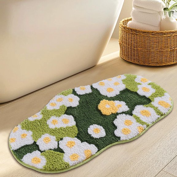 Green Floral Moss Bathroom Rug Bath Mat, Ultra Thick Soft 3D Aesthetic Decor Cute Tufted Bath Rugs, Non Slip Absorbent Washable Moss Carpet for Shower Floor Sink Bedroom, 20x32 Inch