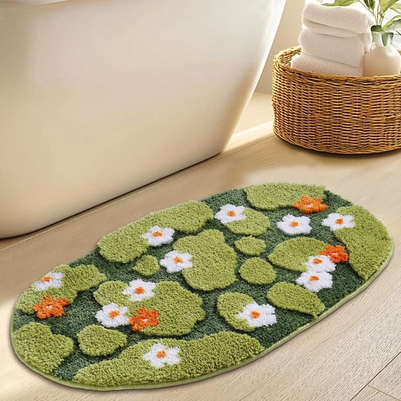 Green Floral Moss Bathroom Rug Bath Mat, Ultra Thick Soft 3D Aesthetic Decor Cute Tufted Bath Rugs, Non Slip Absorbent Washable Moss Carpet for Shower Floor Sink Bedroom, 20x32 Inch