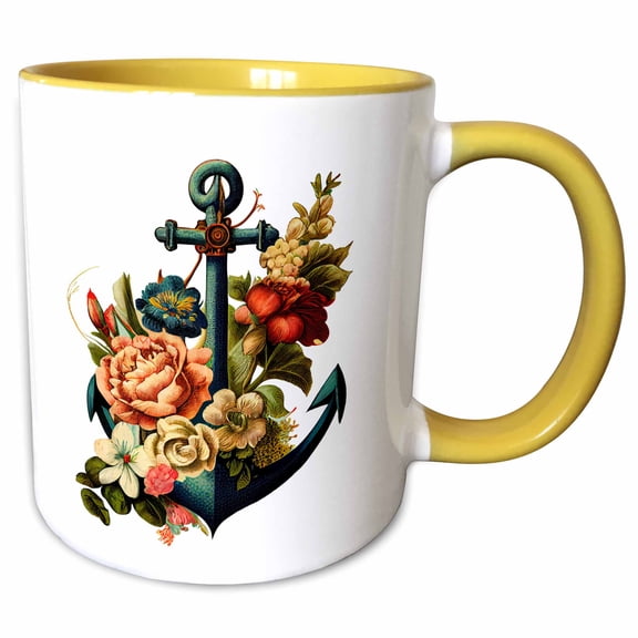 3drose, Green Floral Nautical Anchor Illustration, 15oz Two-tone Yellow Mug